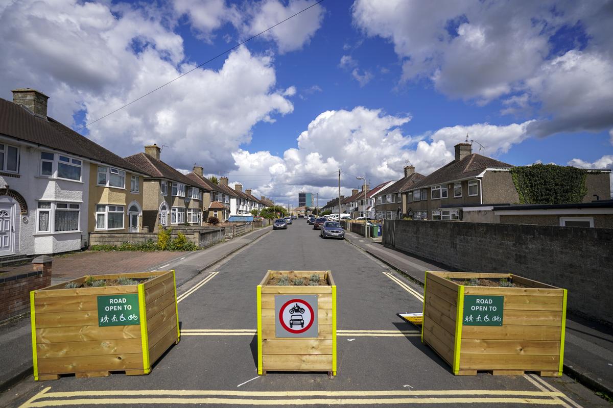 Bollards in a street in Cowley near Oxford, to create a Low Traffic Neighbourhood (LTN), on May 5, 2021. (Steve Parsons/PA)
