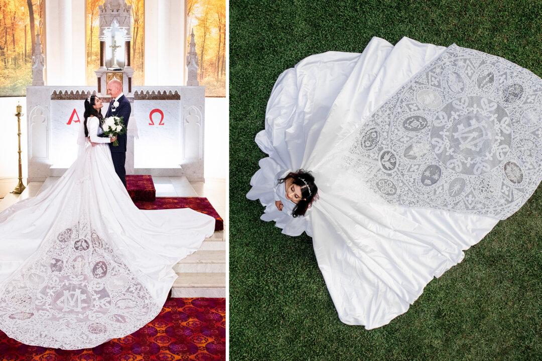 Bride Sews Her Own Wedding Dress With Handmade Bobbin Lace Crafted by Women in 15 Countries