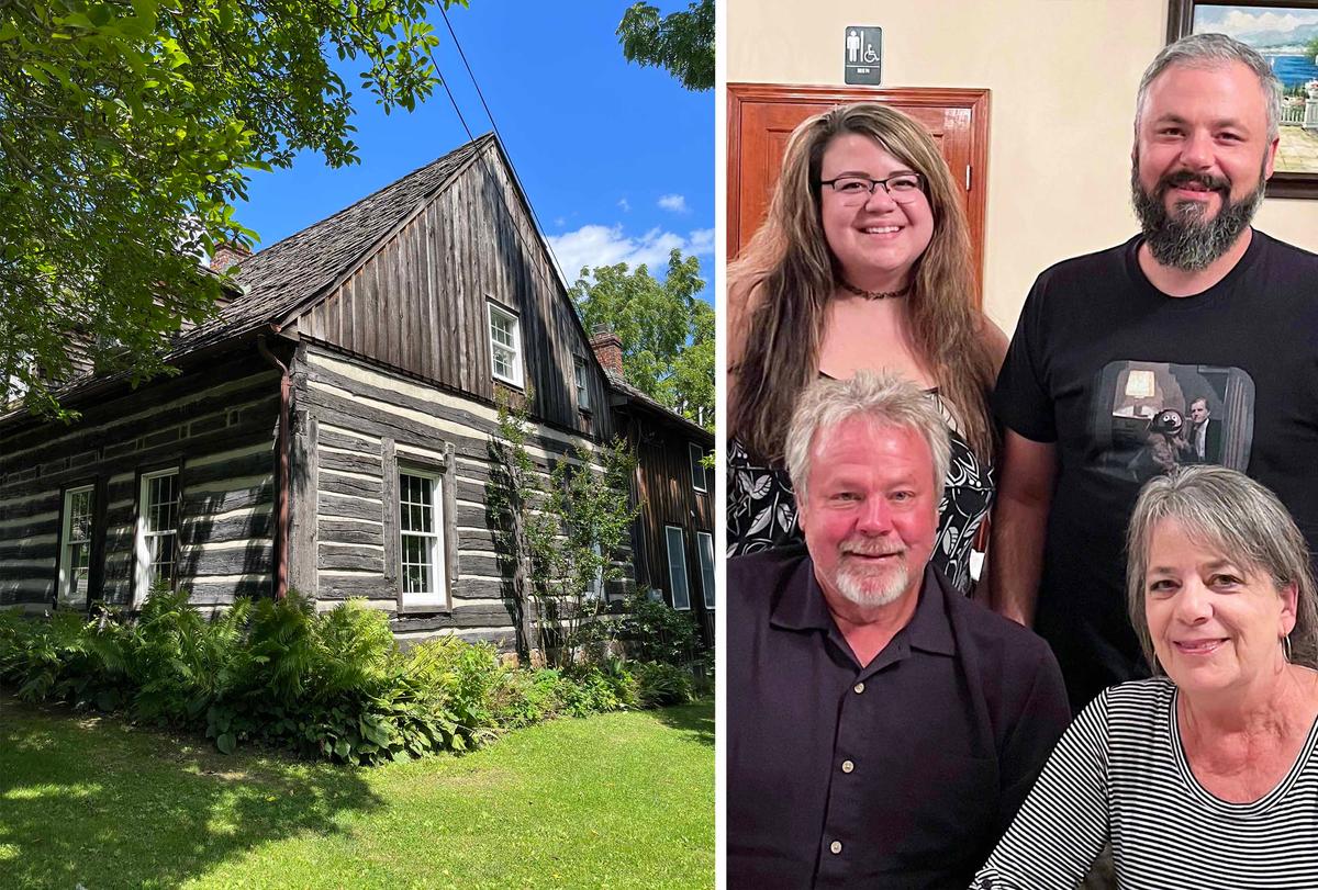 (Left) A recent photo of the historic log house from 1761 after restoration was completed in the mid-1990s (Courtesy of Ronnie Simpson); (Right) A recent photo of Mr. and Ms. Simpson with their grown children, Jenna and Jesse. (Courtesy of Jenna Simpson)