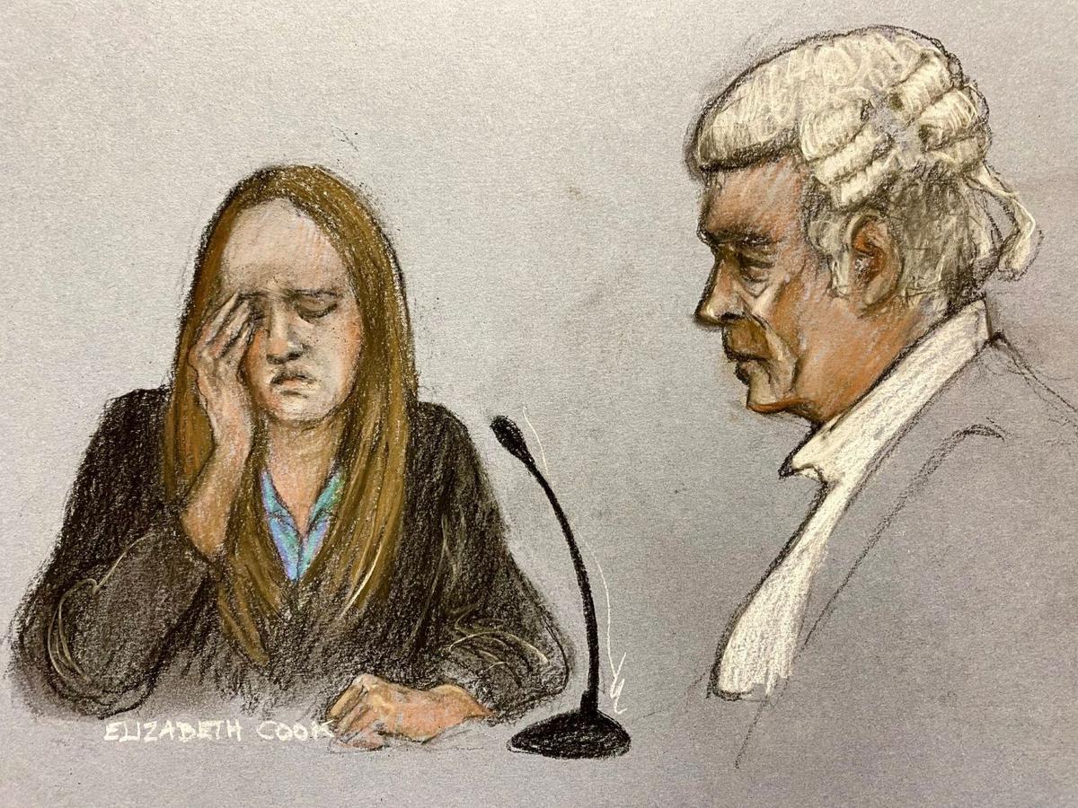 A courtroom sketch of Lucy Letby to a question from her barrister Ben Myers, KC, at her trial at Manchester Crown Court in Manchester, England on May 17, 2023. (PA)