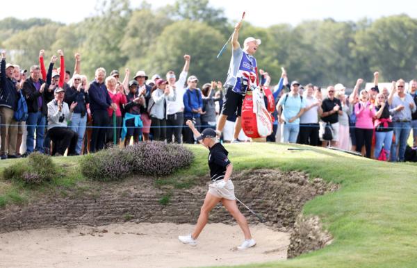 Charley Hull of England celebrates an eagle on the 11th green on Day Four of the AIG Women's Open at Walton Heath Golf Club in Tadworth, England, on August 13, 2023. (Warren Little/Getty Images)