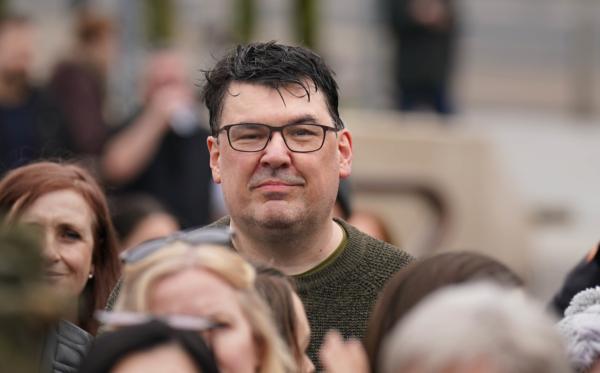 "Father Ted" co-creator Graham Linehan during a Let Women Speak rally in Belfast on April 16, 2023. (PA)