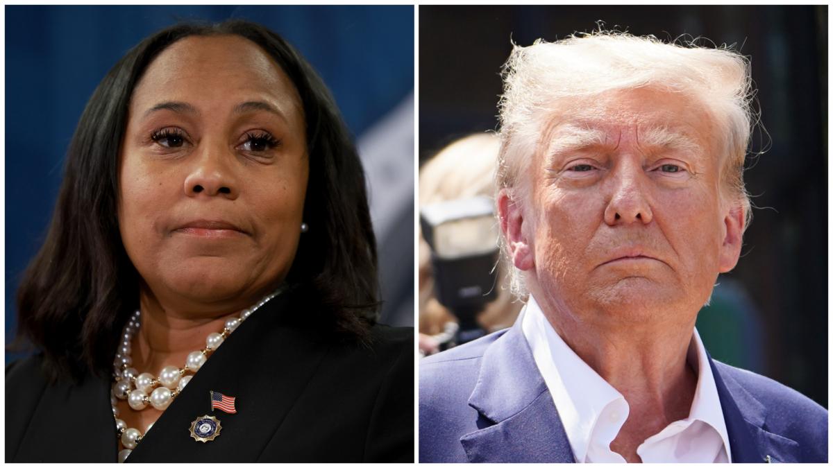 (L) Fulton County District Attorney Fani Willis speaks during a news conference at the Fulton County Government building in Atlanta on Aug. 14, 2023. (Joe Raedle/Getty Images)\; Former President Donald Trump leaves at the Iowa State Fair in Des Moines, Iowa, on Aug. 12, 2023. (Madalina Vasiliu/The Epoch Times)