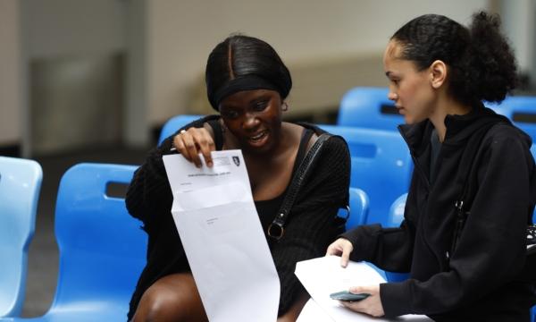 Students react after receiving their A-level results at City of London Academy in London on Aug. 17, 2023. (Peter Nicholls/Getty Images)