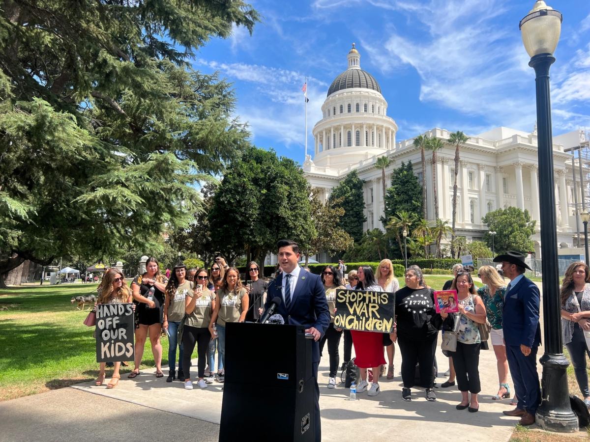 Assemblyman Bill Essayli speaks at a press conference outside the California state Capitol in Sacramento on Aug. 14, 2023. (Courtesy of California Family Council)