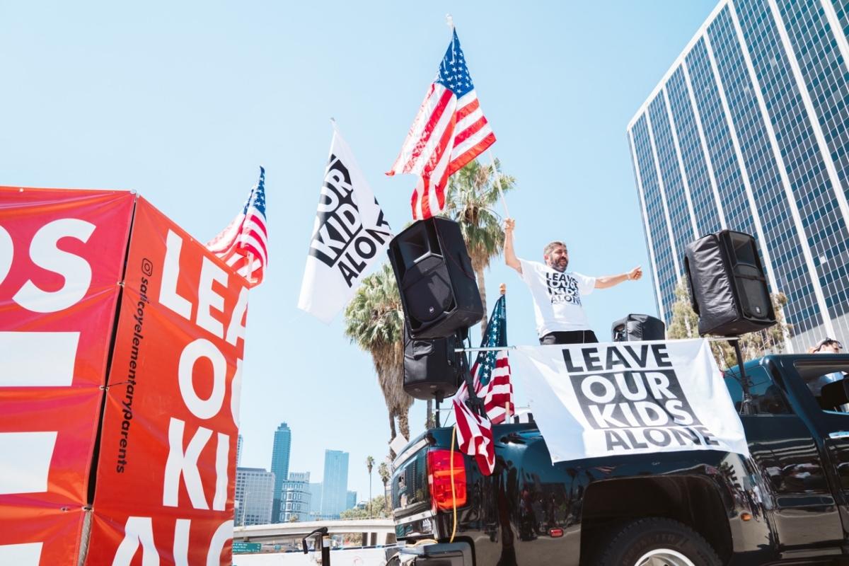 About 200 parental rights demonstrators marched through downtown Los Angeles to protest secret gender transitions in California public schools on Aug. 22, 2023. (Courtesy of Hasmik Bezirdshyan)