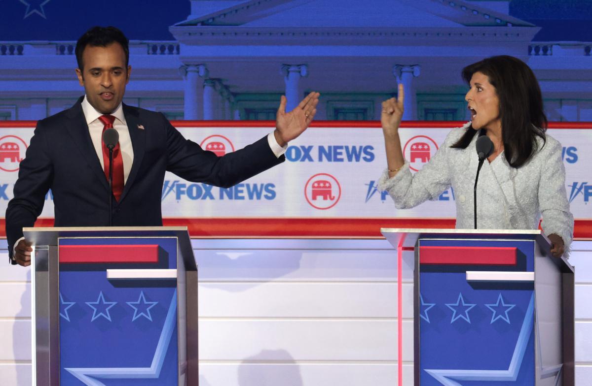 Republican presidential candidates Vivek Ramaswamy (L) and former U.N. Ambassador Nikki Haley participate in the first debate of the GOP primary season hosted by FOX News in Milwaukee, Wis., on Aug. 23, 2023.(Win McNamee /Getty Images)