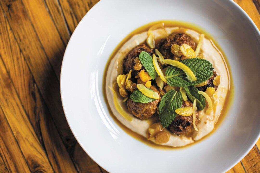 Lamb Merguez Meatballs With Puréed Cauliflower and Raisin-Almond Relish
