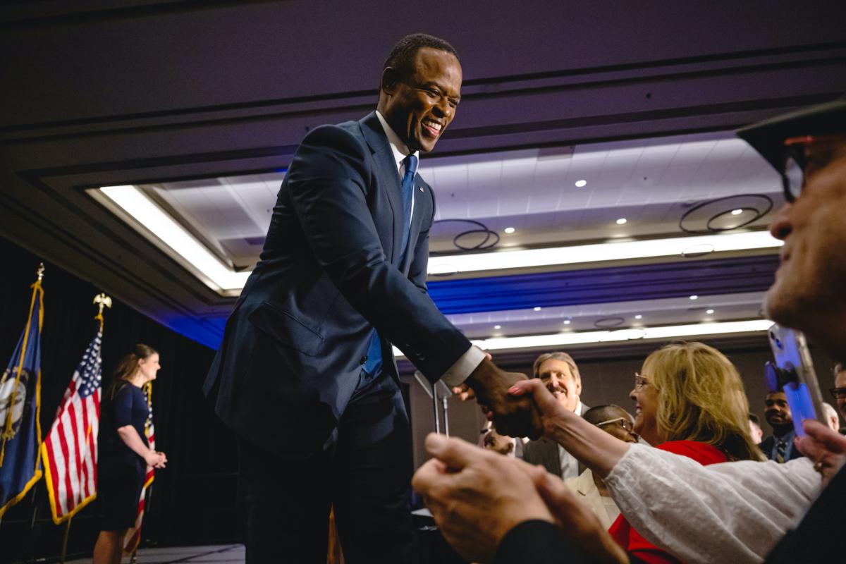 Kentucky Attorney General Daniel Cameron greets supporters following his victory in the Republican primary for governor at an election night watch party at the Galt House Hotel in Louisville, Ky., on May 16, 2023. (Jon Cherry/Getty Images)
