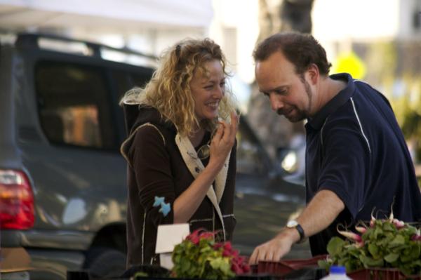 Maya (Virginia Madsen, L) begins to chip away at Miles’s (Paul Giamatti) defenses, in “Sideways.” (Fox Searchlight Pictures)
