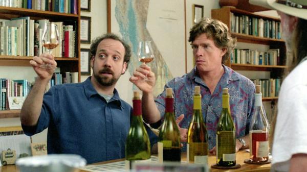 Miles (Paul Giamatti, L) teaching his friend Jack (Thomas Haden Church) about wine, in “Sideways.” (Fox Searchlight Pictures)