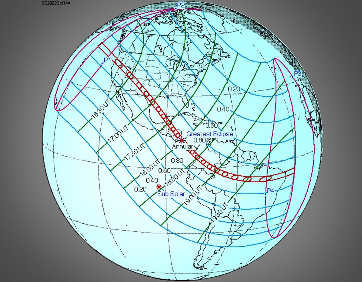 A map illustrates the path the moon's antumbral shadow will follow, from which an annular solar eclipse will be visible on Oct. 14, 2023. (<a href="https://commons.wikimedia.org/wiki/File:SE2023Oct14A.png">Public Domain</a>)