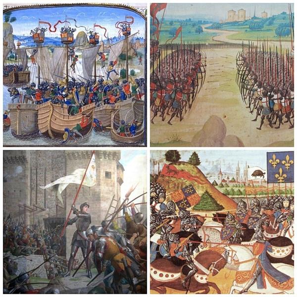 Collage of paintings representing battles of the Hundred Years' War. Clockwise, from top left: La Rochelle, Agincourt, Patay, Orléans. (Blaue Max/CC BY-SA 4.0)