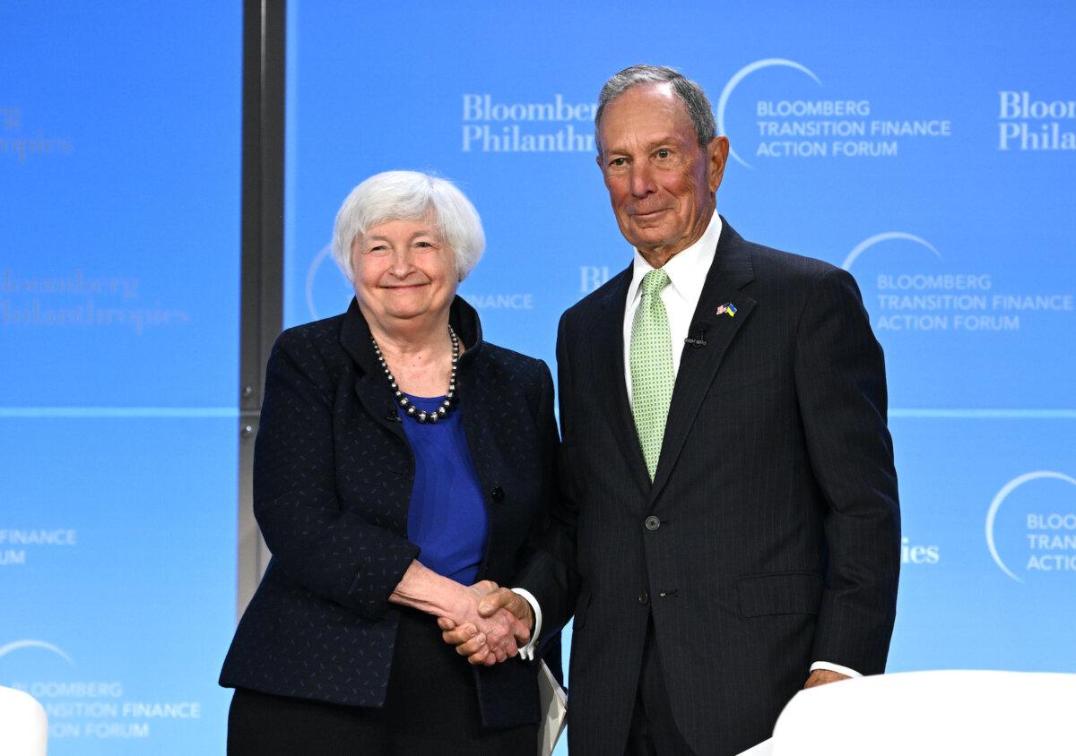 Janet Yellen, Secretary of the U.S. Treasury and U.N. Special Envoy on Climate Ambition and Solutions and co-chair, Glasgow Financial Alliance for Net Zero Michael R. Bloomberg onstage during The Bloomberg Transition Finance Action Forum at The Plaza Hotel in New York City on Sept. 19, 2023. (Bryan Bedder/Getty Images for Bloomberg Philanthropies)
