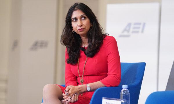 Then Home Secretary Suella Braverman delivers a keynote address on global migration challenges at the American Enterprise Institute in Washington DC, during her three-day visit to the United States on Sept. 26, 2023. (Stefan Rousseau/PA Wire)
