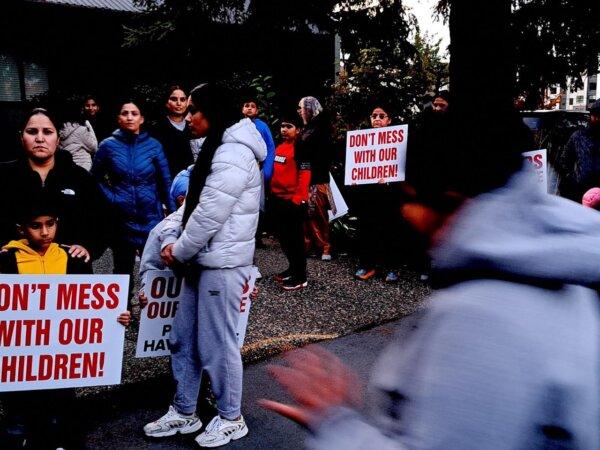 People protest against the SOGI (Sexual Orientation and Gender Identity) curriculum in schools, in Abbotsford, B.C., on Sept. 28, 2023. (Jeff Sandes/The Epoch Times)