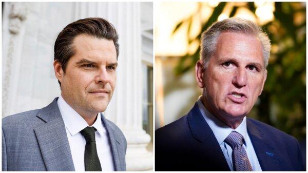 (Left) Rep. Matt Gaetz (R-Fla.) departs from the U.S. Capitol Building in Washington on Sept. 29, 2023. (Anna Moneymaker/Getty Images), (Right) House Speaker Kevin McCarthy (R-Calif.) speaks with reporters on Capitol Hill in Washington, on Sept. 19, 2023. (Madalina Vasiliu/The Epoch Times)