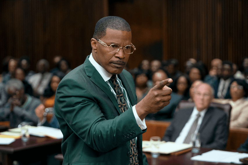 Willie E. Gary (Jamie Foxx) demonstrating why he is a trial attorney you don't want to mess with, in "The Burial." (Amazon Prime Video)
