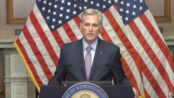 Rep. Kevin McCarthy (R-Calif.) speaks at a press conference on Oct. 3, 2023. (Speaker Kevin McCarthy YouTube channel/Screenshot via NTD)