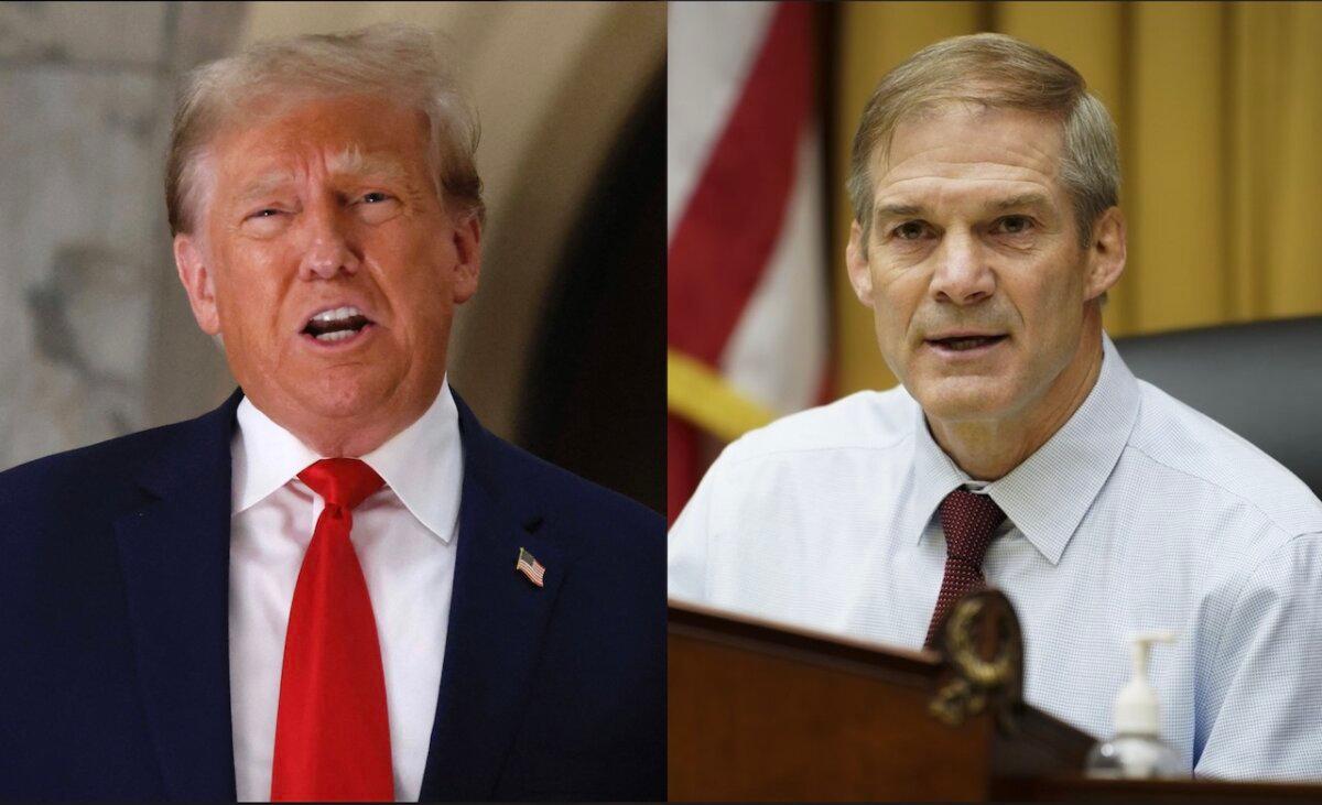 (L) Former President Donald Trump speaks to the media in New York on Oct. 4, 2023; Chairman of the House Judiciary Committee Rep. Jim Jordan (R-Ohio) speaks during John Durham's testimony in Congress in Washington on June 21, 2023. (Kena Betancur/AFP via Getty Images; Madalina Vasiliu/The Epoch Times)