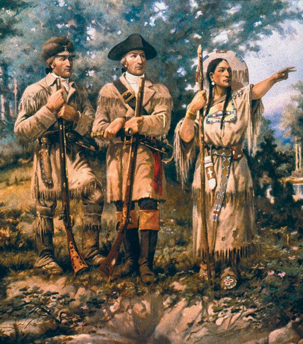 Detail of "Lewis & Clark at Three Forks" mural in lobby of Montana House of Representatives. (Public Domain)