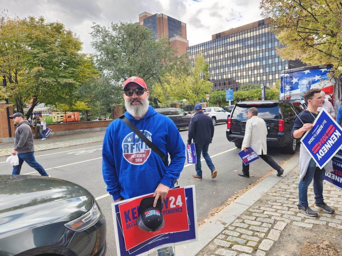 Brent Snyder, who voted for President Donald Trump in 2016 and 2020, is supporting Robert F. Kennedy Jr.'s run as an independent in 2024. Mr. Snyder was at Mr. Kennedy's announcement in Philadelphia on Oct. 9, 2023. (Jeff Louderback/The Epoch Times)