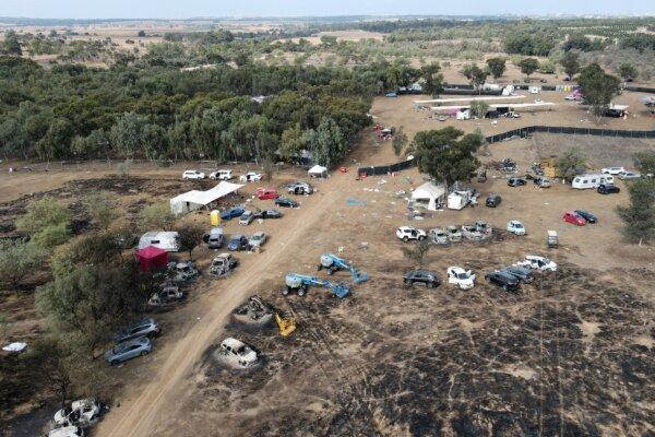 An aerial picture shows the abandoned site of the weekend music festival attacked by Hamas terrorists near Kibbutz Reim in the Negev desert in southern Israel, on Oct. 10, 2023. (Jack Guez/AFP via Getty Images)