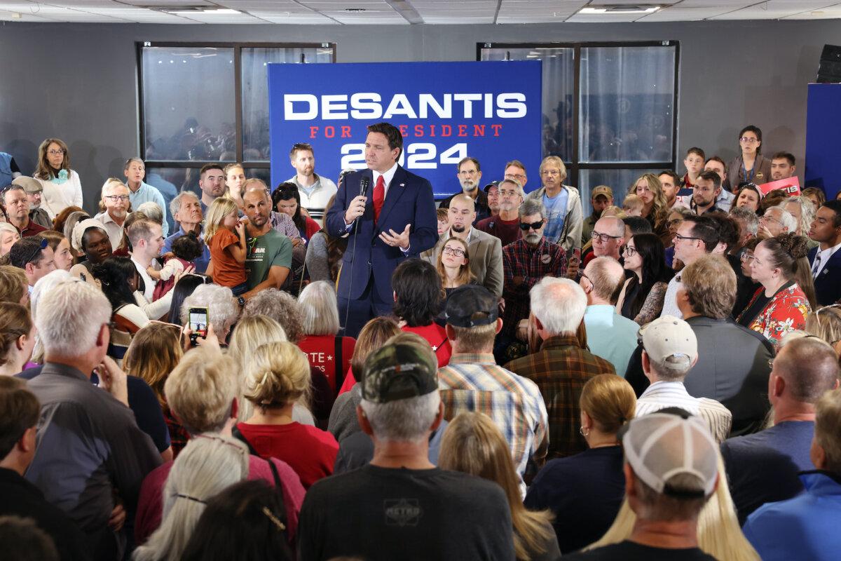 Republican presidential candidate Florida Gov. Ron DeSantis speaks to guests during a campaign event at Refuge City Church in Cedar Rapids, Iowa, on Oct. 8, 2023. (Scott Olson/Getty Images)