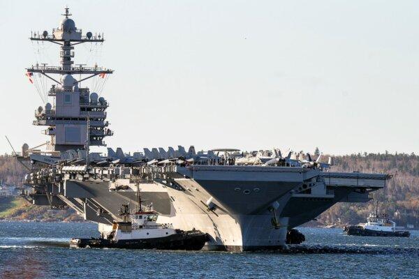 The USS Gerald R. Ford arrives in Halifax on Oct. 28, 2022. (Andrew Vaughan/The Canadian Press via AP)