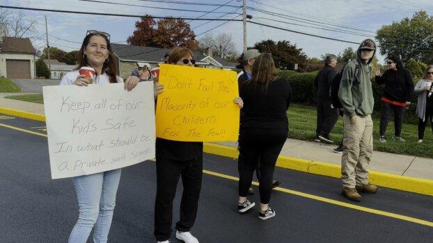 Parents and supporters joined Sun Valley High School students in a protest against school district bathroom policies. (William Huang/The Epoch Times)
