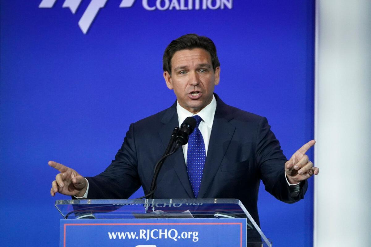 Republican presidential candidate and Florida Gov. Ron DeSantis speaks during the Republican Jewish Coalition in Las Vegas, Nev., on Oct. 28, 2023. (Madalina Vasiliu/The Epoch Times)