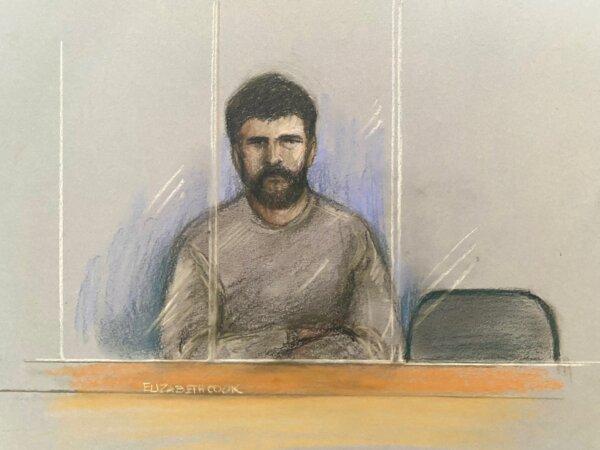 A courtroom sketch of Joshua Bowles appearing at London's Westminster Magistrates' Court in London on Mar. 16, 2023. (Elizabeth Cook/PA)