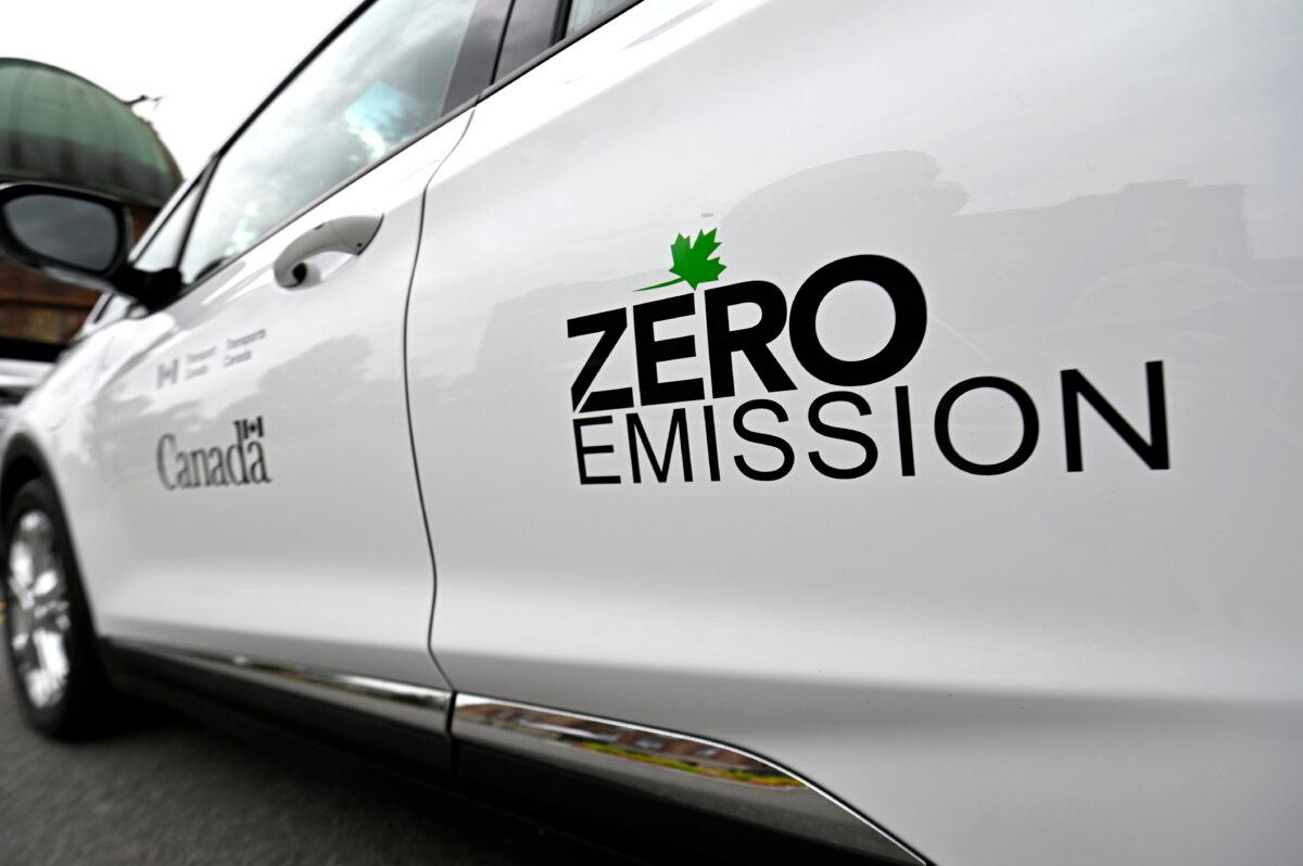 An electric vehicle promoting the government's Greening Government Fund, in Ottawa, on June 27, 2023. (The Canadian Press/Justin Tang)