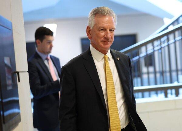 U.S. Sen. Tommy Tuberville (R-Ala.) arrives for a briefing on Ukraine at the U.S. Capitol in Washington on Sept. 20, 2023. (Kevin Dietsch/Getty Images)