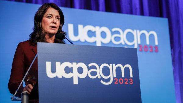Alberta Premier Danielle Smith speaks to the party faithful at the United Conservative Party annual general meeting in Calgary on Nov. 4, 2023. (The Canadian Press/Jeff McIntosh)