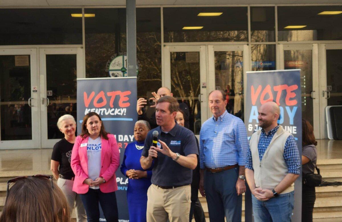 Kentucky Gov. Andy Beshear, a Democrat, talks to supporters at a rally at Morehead State University on Nov. 6, 2023. (Jeff Louderback/The Epoch Times)
