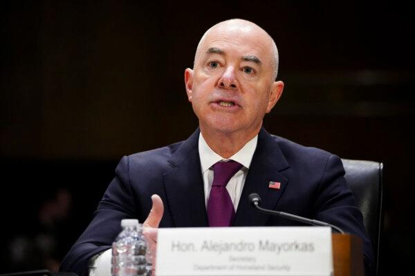 Secretary of Homeland Security Alejandro Mayorkas testifies before the Senate Appropriations Committee in Washington on Nov. 8, 2023. (Madalina Vasiliu/The Epoch Times)