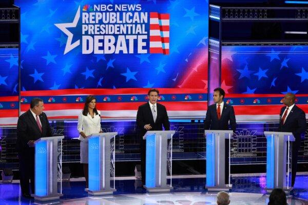 (L–R) Republican presidential candidates former New Jersey Gov. Chris Christie, former U.N. Ambassador Nikki Haley, Florida Gov. Ron DeSantis, Vivek Ramaswamy, and Sen. Tim Scott (R-S.C.) participate in the NBC News Republican Presidential Primary Debate at the Adrienne Arsht Center for the Performing Arts of Miami-Dade County in Miami, Fla., on Nov. 8, 2023. (Joe Raedle/Getty Images)