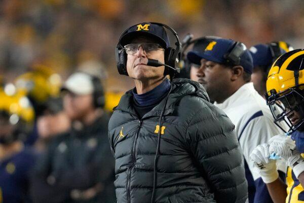 Michigan head coach Jim Harbaugh watches against Purdue in the first half of an NCAA college football game in Ann Arbor, Mich., on Nov. 4, 2023. (Paul Sancya/AP Photo)