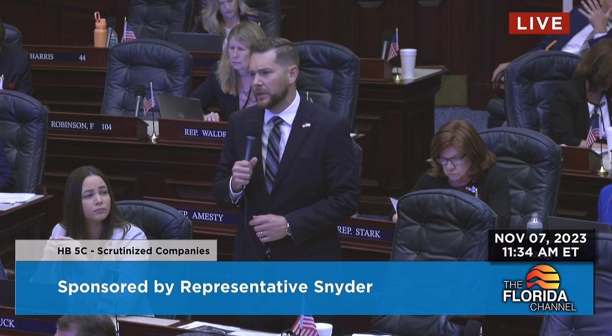 Florida state Rep. John Snyder, a Republican from Palm City, speaks on Nov. 7, 2023, about a bill he sponsored to sanction any companies contracted with the Iranian government. (Screenshot via The Florida Channel)