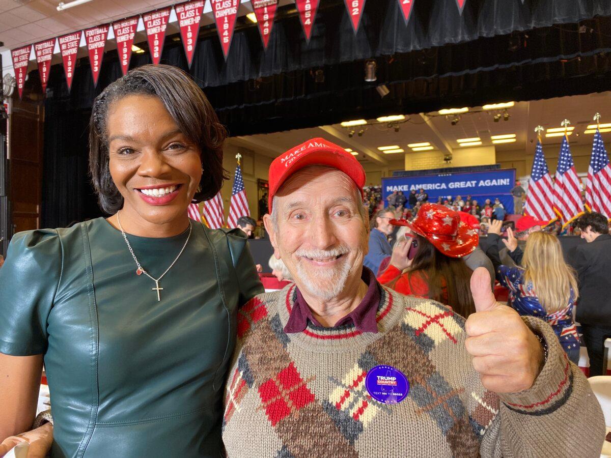 Trump supporters Rayla Campbell and U.S. veteran Don Gorman at former President Donald Trump's Veterans Day rally in Claremont, N.H., on Nov. 11, 2023. (Alice Giordano/The Epoch Times)