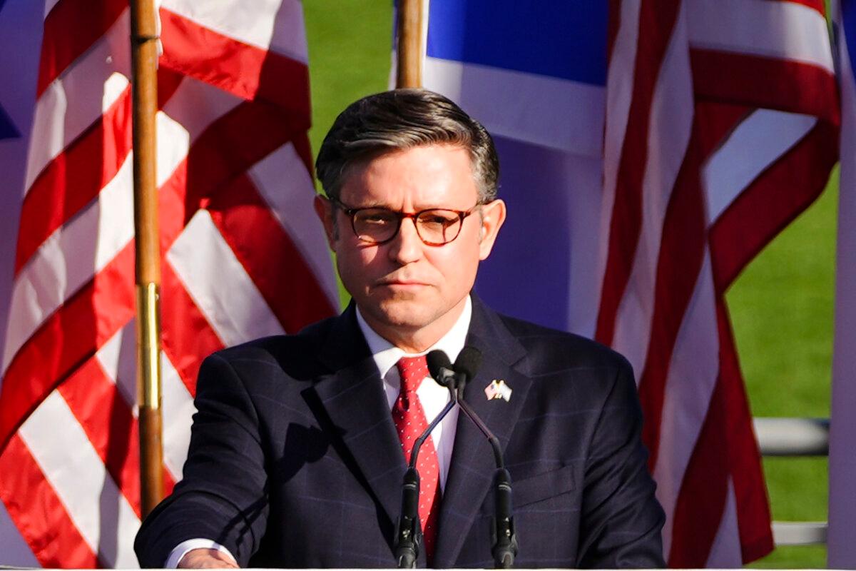 House Speaker Mike Johnson (R-La.) speaks during a march for Israel in Washington on Nov. 14, 2023. (Madalina Vasiliu/The Epoch Times)