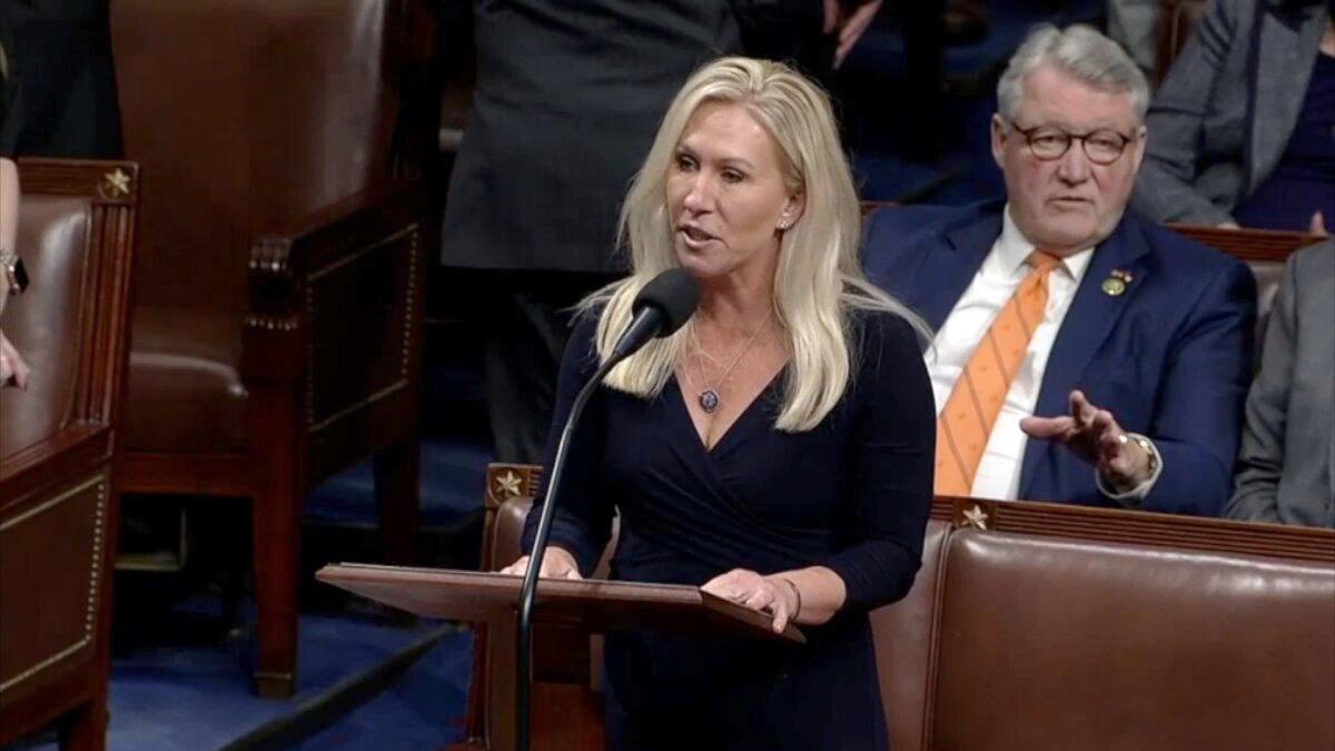 Rep. Marjorie Taylor Greene (R-Ga.) speaks on the House floor on Nov. 13, 2023. (House of Representatives/Screenshot via NTD)