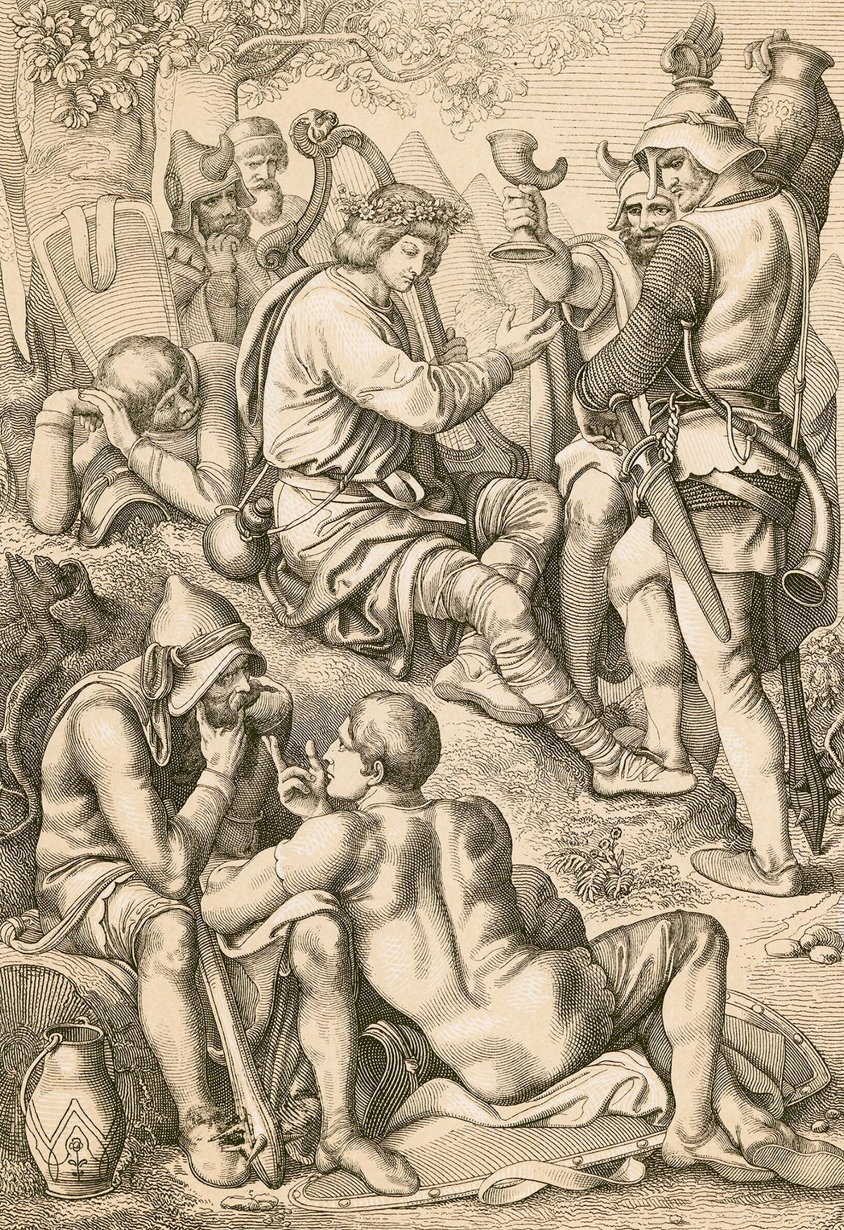 Engraving depicting Alfred the Great, King of Wessex, disguised as a harp player to enter the camp of the Danes, where he entertained them with songs while listening to their conversations. (Kean Collection/Getty Images)