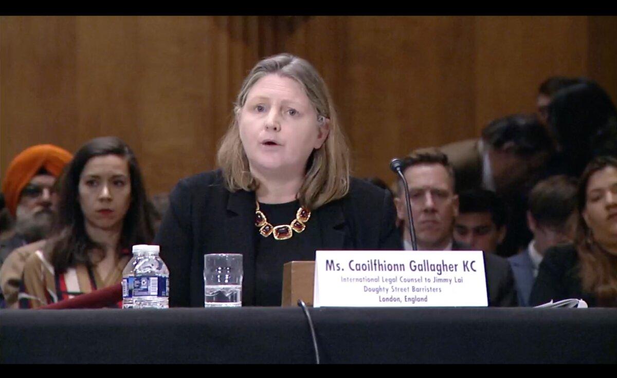 Caoilfhionn Gallagher, defense attorney of Hong Kong’s jailed media mogul Jimmy Lai, speaks at a Senate Foreign Relations Committee hearing on transnational repression in Washington on Dec. 6, 2023. (Screenshot via The Epoch Times)