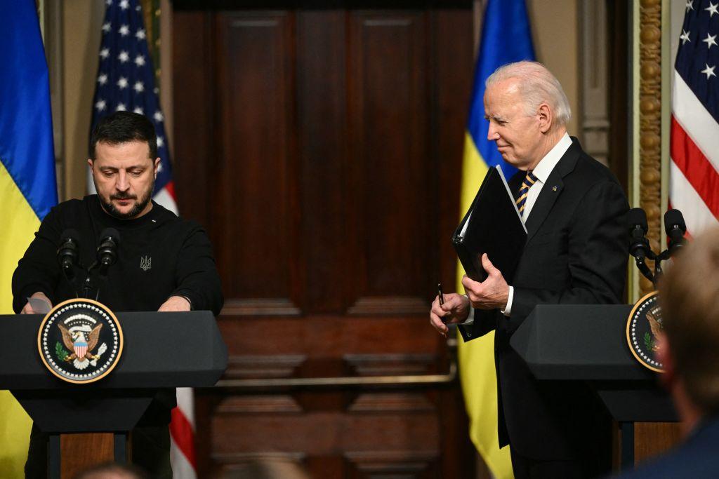 U.S. President Joe Biden and Ukrainian President Volodymyr Zelenskyy leave after holding a press conference at the White House in Washington on Dec. 12, 2023. (Mandel Ngan/AFP via Getty Images)