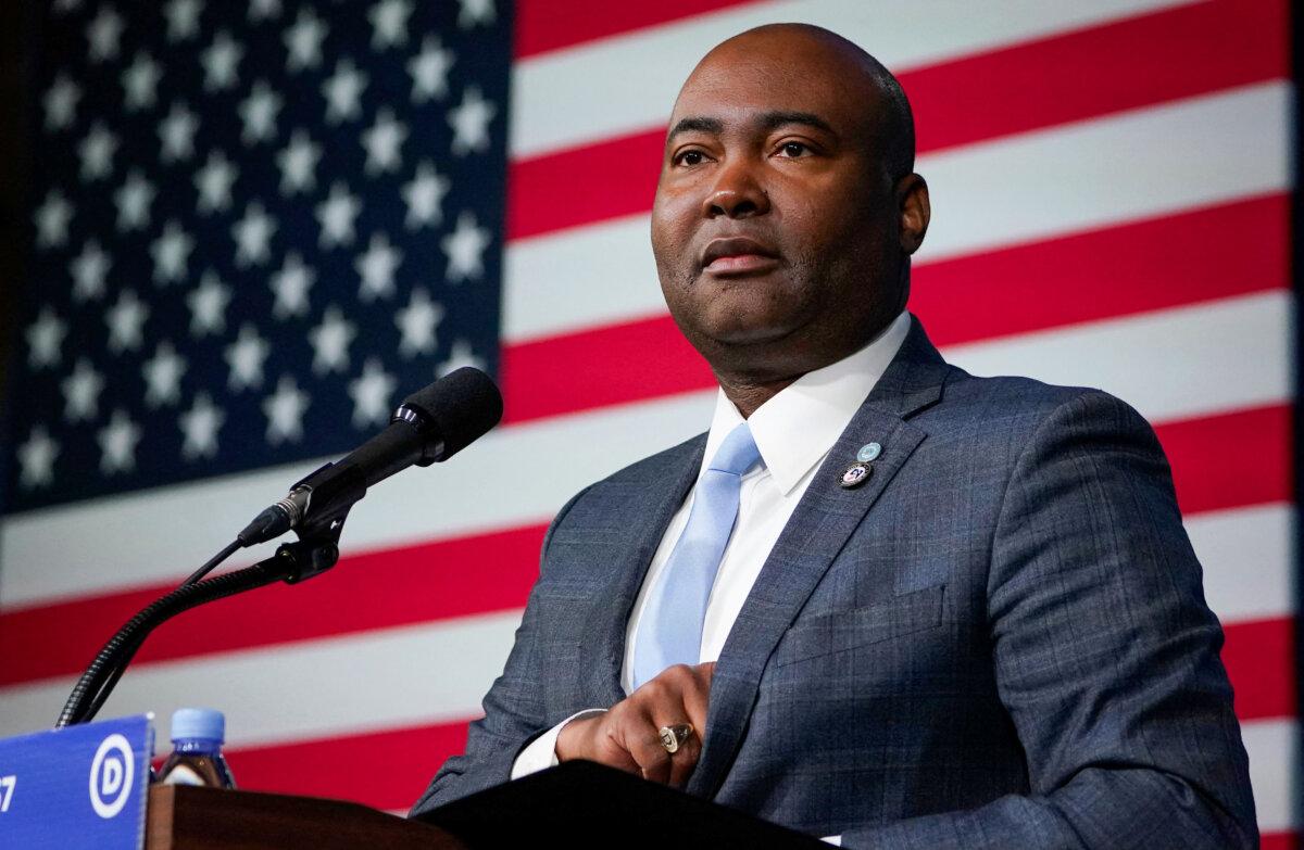 Jaime Harrison, chair of the Democratic National Committee, speaks at the DNC Winter Meeting in Philadelphia,on Feb. 4, 2023. (Timothy A. Clary/AFP via Getty Images)