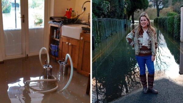Siobhan Connor (R) stands outside her flooded home (L) in Shrewsbury, England on Jan. 4, 2024. (PA)