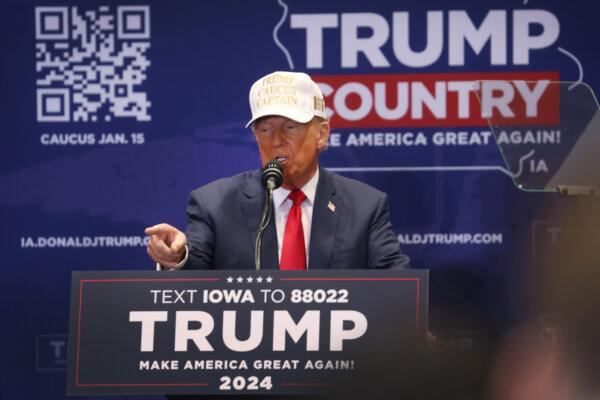 Republican presidential candidate former President Donald Trump speaks to supporters during a rally at Simpson College in Indianola, Iowa, on Jan. 14, 2024. (Scott Olson/Getty Images)