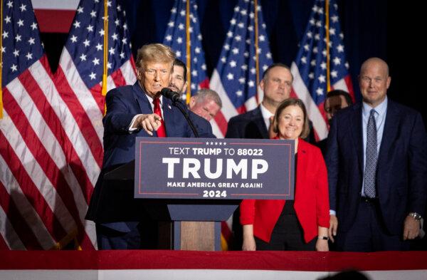 Former President Donald Trump speaks to supporters in Des Moines, Iowa, on Jan. 15, 2024. (John Fredricks/The Epoch Times)